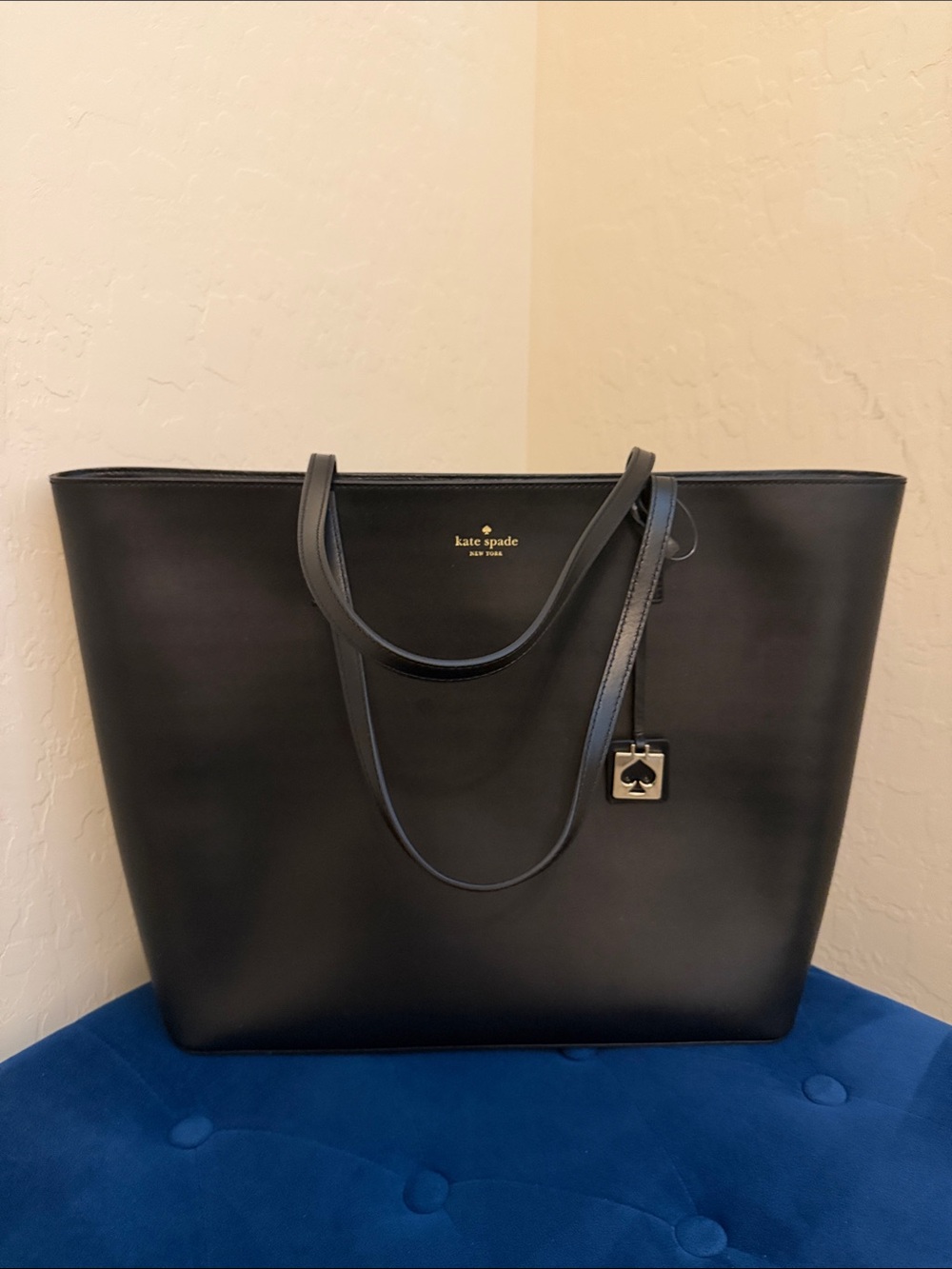 Brand New kate spade Black Leather Double-Handle Tote with Logo Charm